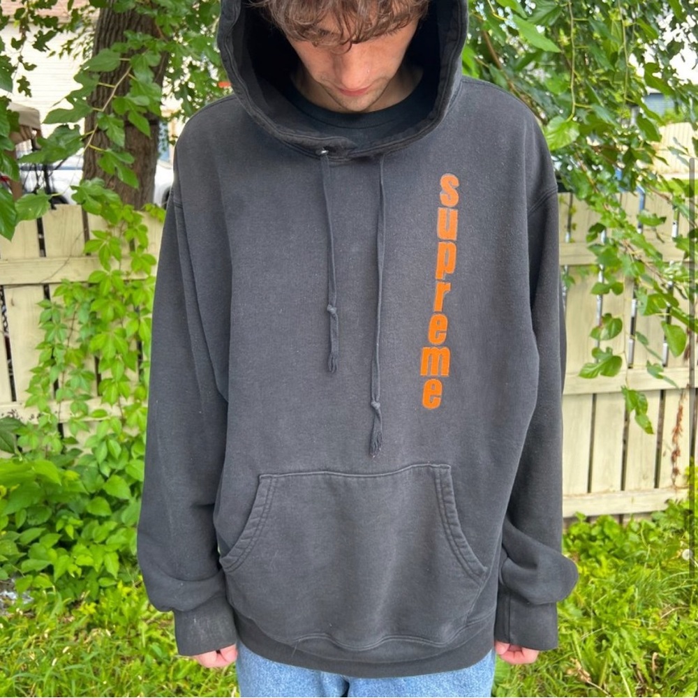 Supreme men’s hoodie, large, inverted design, black and blue lightly worn